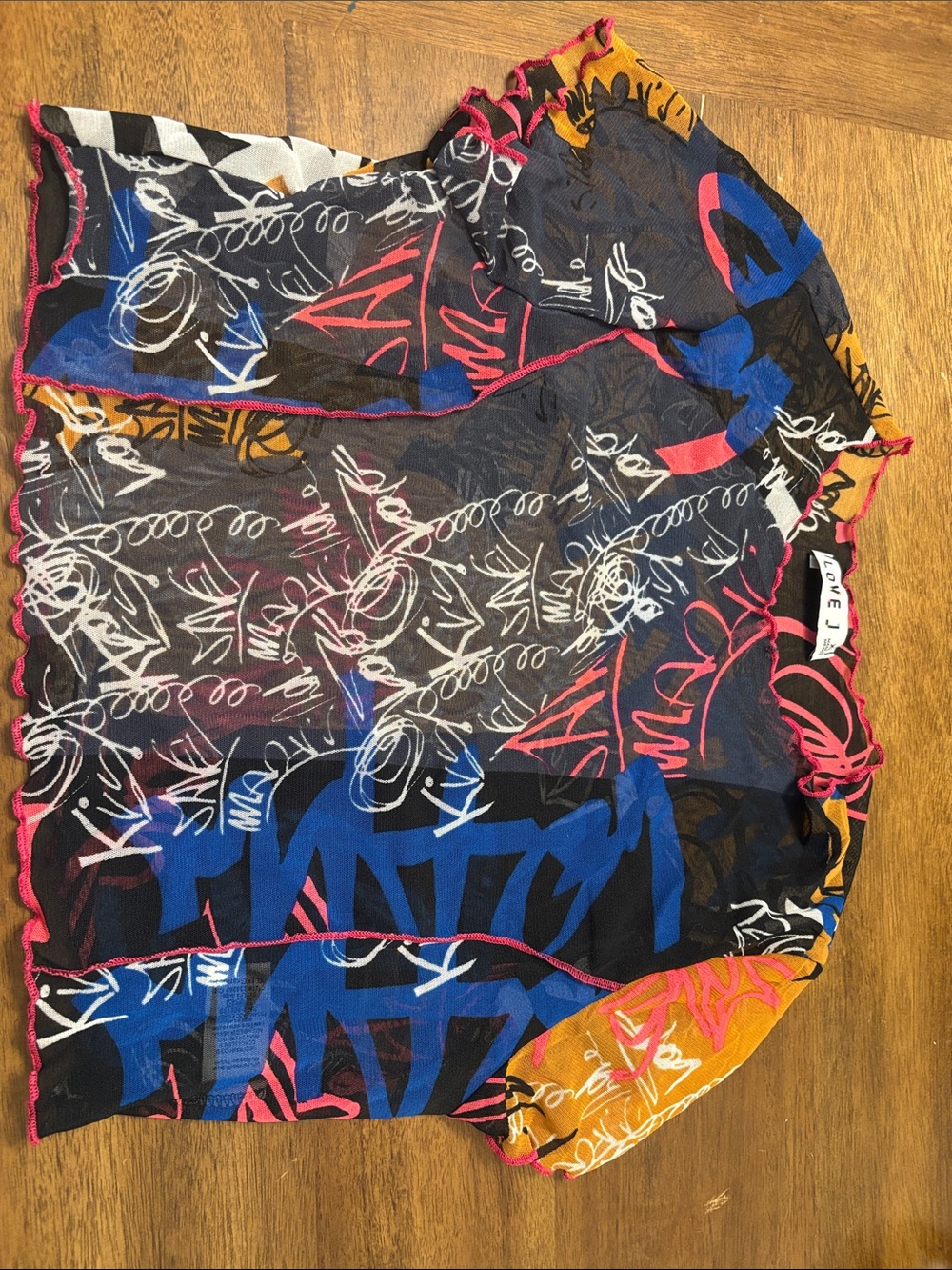 love J Sheer Graffiti-Print Crop Top in Black, Blue, Pink, Yellow